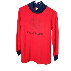HELLO WORLD vintage 70s red mock neck tee globe print made in‎ USA S kawaii